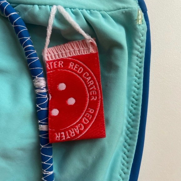 Red Carter, over one shoulder blue lace up back bandeau bikini top, Small - Picture 3 of 4